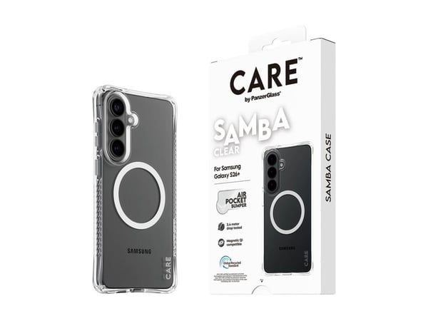 CARE by PanzerGlass Samba case transparent med vit Qi till Samsung Galaxy S26 CARE by PanzerGlass Samba case transparent med vit Qi till Samsung Galaxy S26