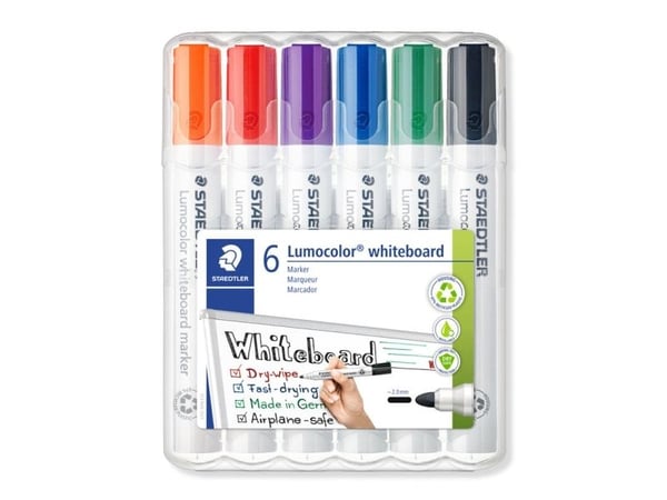 STAEDTLER Lumocolor - tussi - lasille, valkotaululle, posliinille - musta, punainen, sininen, vihreä, oranssi, violetti - 2 mm (6 kpl)