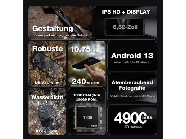 AGM H6, 16,7 cm (6.56"), 8 GB, 256 GB, 50 MP, Android 13, musta