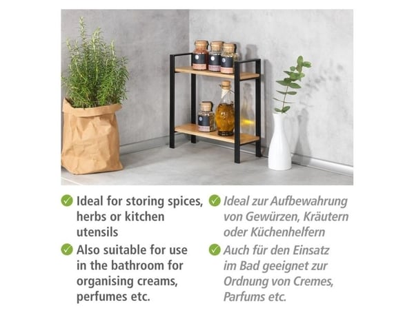 WENKO Lou, Hjørnehylle, Frittstående, Bamboo, Metall, Sort, Tre, Kjøkken, 2 hyller