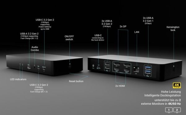 i-Tec - Dokkingstasjon - USB-C / USB4 / Thunderbolt 3 / Thunderbolt 4 / Thunderbolt 5 /USB-A - 2 x HDMI, 2 x DP - 1GbE - 135 watt - Europa
