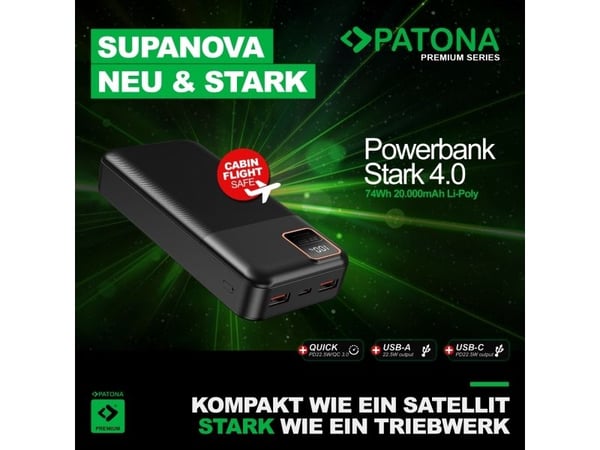 PATONA 9417, 20000 mAh, Lithium Polymer (LiPo), Power Delivery, Quick Charge 3.0, 3,7 V, Sort