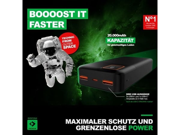PATONA 9417, 20000 mAh, Lithium Polymer (LiPo), Power Delivery, Quick Charge 3.0, 3,7 V, Sort