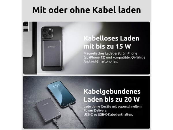 Intenso MW10000, 10000 mAh, Lithium Polymer (LiPo), Power Delivery, Programmable Power Supply (PPS), Trådløs lading, 3,85 V, Grå
