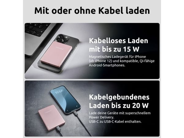 Intenso MW5000, 5000 mAh, Lithium Polymer (LiPo), Power Delivery, Programmable Power Supply (PPS), Trådløs lading, 3,85 V, Rosa