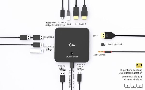 i-Tec - Dokkingstasjon - USB-C / USB4 / Thunderbolt 3 / Thunderbolt 4 / Thunderbolt 5 - 2 x HDMI, DP++ - 1GbE - Europa