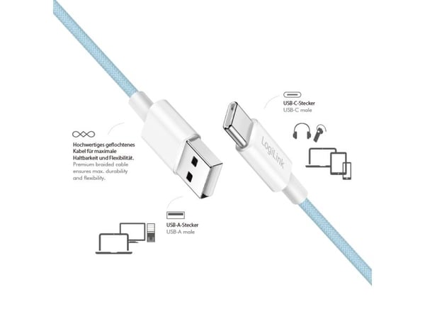 LogiLink CU0329, 0,5 m, USB A, USB C, USB 2.0, 0,48 Gbit/sek, sininen