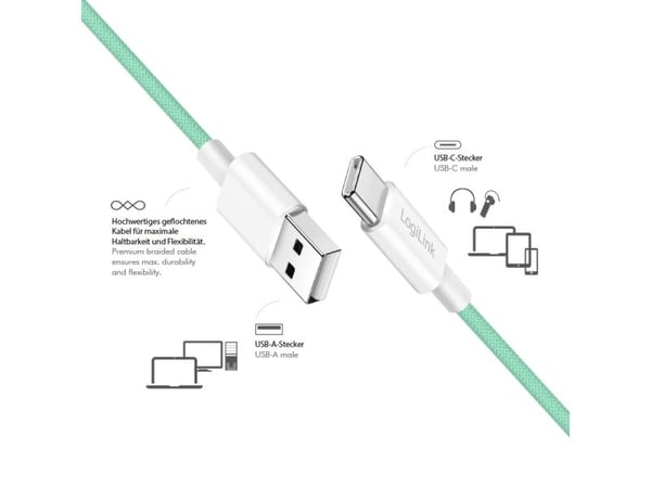 LogiLink CU0327, 1 m, USB A, USB C, USB 2.0, 0,48 Gbit/s, vihreä