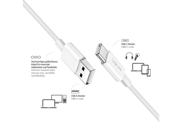 LogiLink CU0321, 1 m, USB A, USB C, USB 2.0, 0,48 Gbit/s, valkoinen