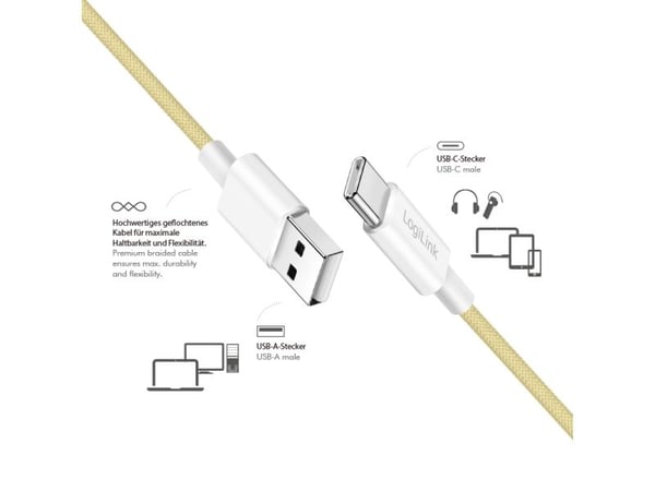 LogiLink CU0332, 0,5 m, USB A, USB C, USB 2.0, 0,48 Gbit/s, keltainen