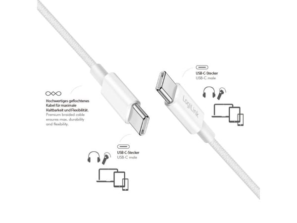 LogiLink CU0342, 1,5 m, USB C, USB C, USB 2.0, 0,48 Gbit/s, Hvit