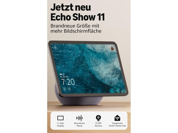 Amazon Echo Show 11, Amazon Alexa, Suorakulmio, Harmaa, Glacier White, Englanti, Espanja, 27,9 cm (11")
