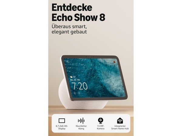 Amazon Echo Show 8, Amazon Alexa, Rektangel, Hvit, Glacier White, Engelsk, Spansk, 22,1 cm (8,7")