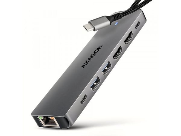 AXAGON HMC-7HX2 USB-hub, 2x USB-A, 1x USB-C, 2x HDMI 2.0, 1x RJ45, 100 W PD – sølv