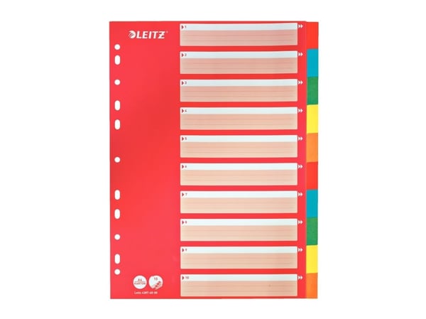 LEITZ-kartonkirekisterit, tyhjät, A4, 10-osainen, monivärinen 160 g/m², punainen, kirjoitettava kansilehti (250 g/m²) (4387-60-00)