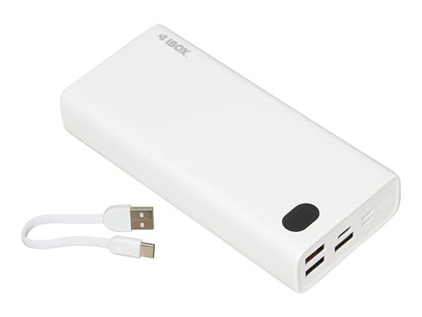 iBOX PB20 - Strømbank - 20000 mAh - 22.5 watt - 5 A - PD 3.0, QC 3.0 - 3 utgangskontakter (2 x USB, USB-C) - på kabel: USB-C - hvit