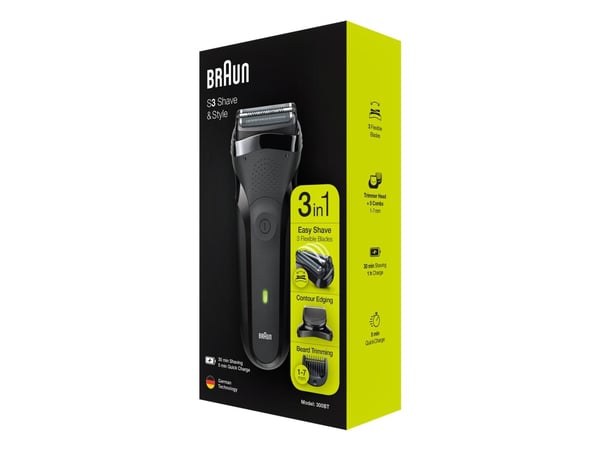 Braun Series 3 300BT, Parranajokone kääntyvällä päällä, musta, Painikkeet, 1 mm, Akku, Nikkelimetallihybridi (NiMH)