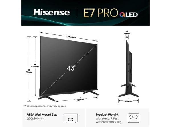 Hisense 43E77Q PRO - 43" Diagonalklasse E7Q PRO Series LED-bakgrunnsbelyst LCD TV - QLED - Smart TV - VIDAA - 4K UHD (2160p) 3840 x 2160 - HDR - Qu...