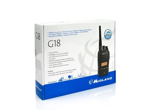 Midland G18 - PMR446, 8 kanaler, 446.00625 - 446.09375 MHz, Lithium-Ion (Li-Ion), 240 g, 56 x 38 x 113 mm
