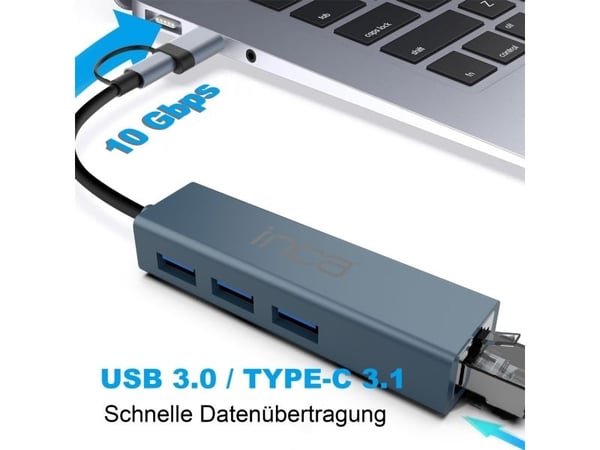 Inca IUTP-03TX, USB 3.2 Gen 1 (3.1 Gen 1) Type-A + Type-C, RJ-45, USB 3.0, 10000 Mbit/s, Grå, Aluminium, Rund kabel