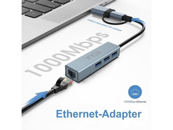 Inca IUTP-03TX, USB 3.2 Gen 1 (3.1 Gen 1) Type-A + Type-C, RJ-45, USB 3.0, 10000 Mbit/s, Grå, Aluminium, Rund kabel