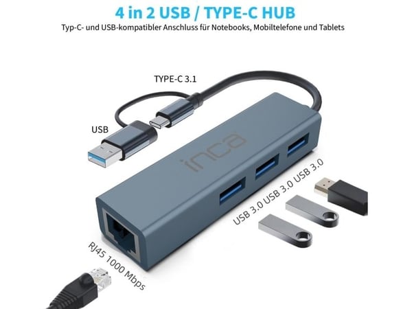 Inca IUTP-03TX, USB 3.2 Gen 1 (3.1 Gen 1) Type-A + Type-C, RJ-45, USB 3.0, 10000 Mbit/s, Grå, Aluminium, Rund kabel