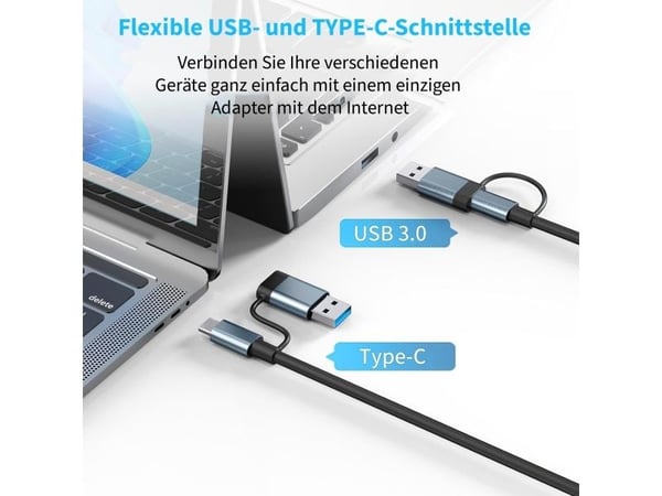 Inca IUTP-03TX, USB 3.2 Gen 1 (3.1 Gen 1) Type-A + Type-C, RJ-45, USB 3.0, 10000 Mbit/s, Grå, Aluminium, Rund kabel
