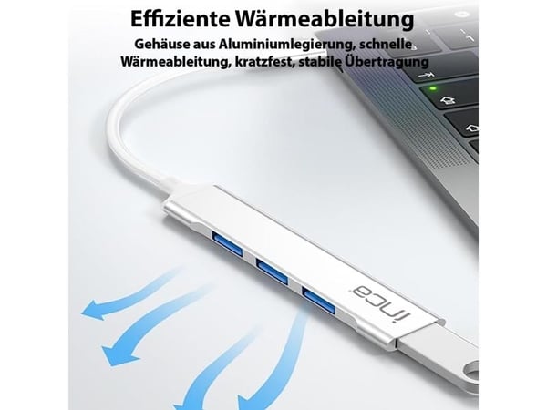 Inca IUSB-4TUX, USB 2.0 Type-A, USB 2.0 Type-A, USB 3.0, 5000 Mbit/s, Sølv, Hvit, Aluminium, Rund kabel