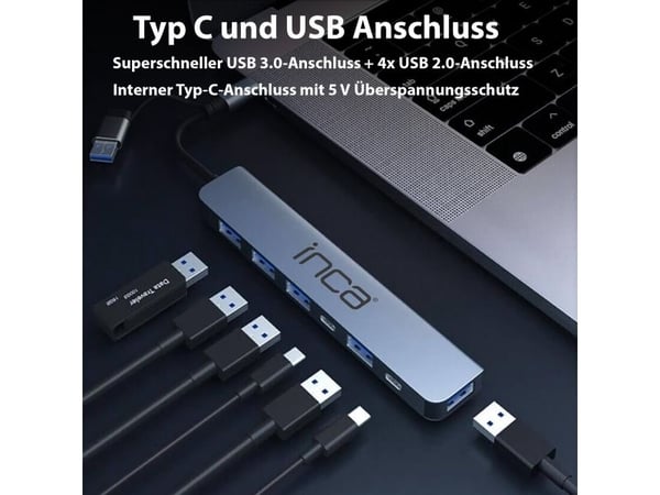 Inca IUTP-7T, USB 3.2 Gen 1 (3.1 Gen 1) Type-A + Type-C, USB 2.0 Type-A, USB 3.0, USB Type-C, 5000 Mbit/s, harmaa, alumiini, 100 W