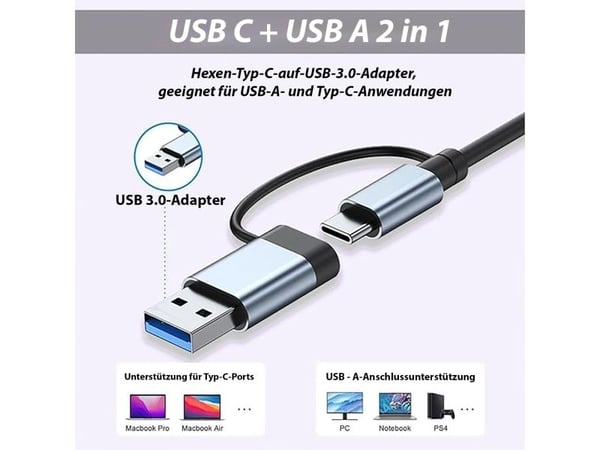 Inca IUTP-7T, USB 3.2 Gen 1 (3.1 Gen 1) Type-A + Type-C, USB 2.0 Type-A, USB 3.0, USB Type-C, 5000 Mbit/s, harmaa, alumiini, 100 W