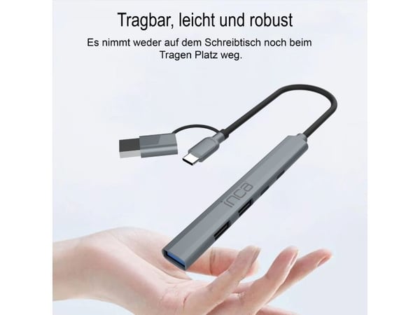 Inca IUTP-06TX, USB 3.2 Gen 1 (3.1 Gen 1) Type-A + Type-C, USB 2.0 Type-A, USB 3.0, USB Type-C, 5000 Mbit/s, Grå, Aluminium, 100 W