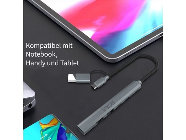 Inca IUTP-06TX, USB 3.2 Gen 1 (3.1 Gen 1) Type-A + Type-C, USB 2.0 Type-A, USB 3.0, USB Type-C, 5000 Mbit/s, Grå, Aluminium, 100 W