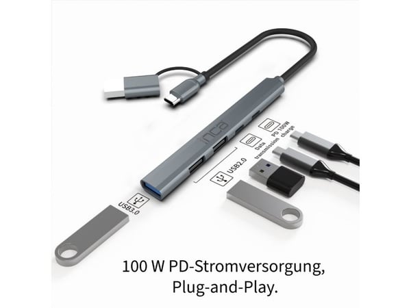 Inca IUTP-06TX, USB 3.2 Gen 1 (3.1 Gen 1) Type-A + Type-C, USB 2.0 Type-A, USB 3.0, USB Type-C, 5000 Mbit/s, Grå, Aluminium, 100 W