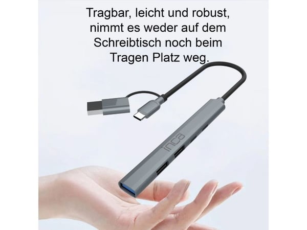 Inca IUTP-06TX, USB 3.2 Gen 1 (3.1 Gen 1) Type-A + Type-C, USB 2.0 Type-A, USB 3.0, USB Type-C, 5000 Mbit/s, Grå, Aluminium, 100 W