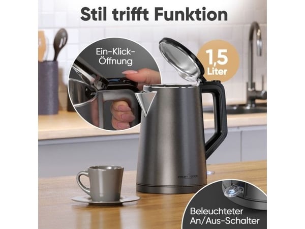 ProfiCook PC-WK 1290, 1,5 l, 2200 W, Antrasitt, Overopphetingsbeskyttelse