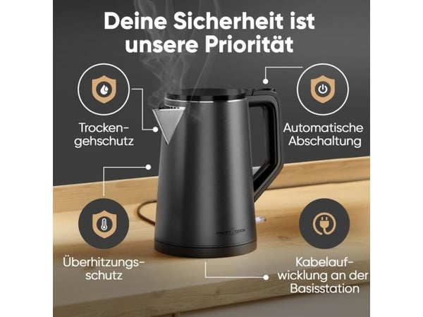 ProfiCook PC-WK 1290, 1,5 l, 2200 W, Antrasitt, Overopphetingsbeskyttelse