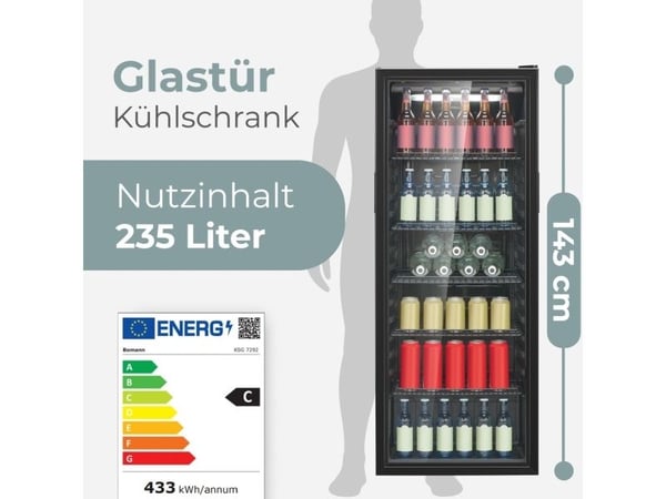 Bomann KSG 7292 svart kjøleskap med glassdør 143cm