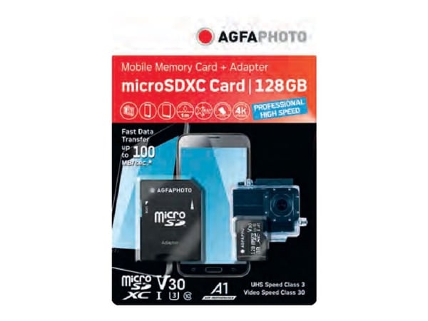 AgfaPhoto - Flashminnekort (SD-adapter inkludert) - 128 GB - Video Class V30 / UHS Class 3 / Class10 - microSDXC UHS-I