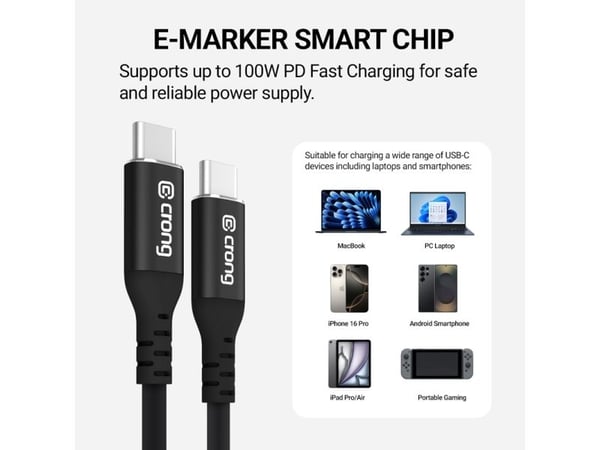 Crong Soft Link - Kabel 100W PD 5A USB-C til USB-C 25cm (svart)
