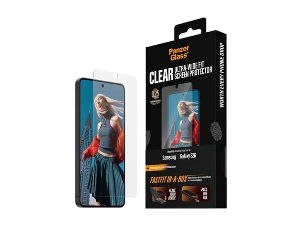 PanzerGlass - Skjermbeskyttelse for mobiltelefon - ultra-bred passform med FASTFIT IN-A-BOX - glass - blank - for Samsung Galaxy S26