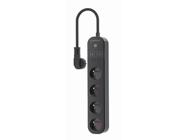 Smart power strip with USB charger and power metering, 4 French sockets, black