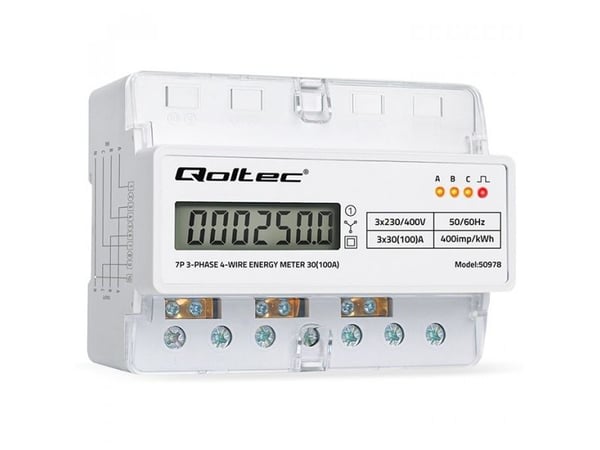 Qoltec kolmivaiheinen elektroninen energiamittari | DIN-kisko | 400V | 100A | LCD | LED | 7P | 7P