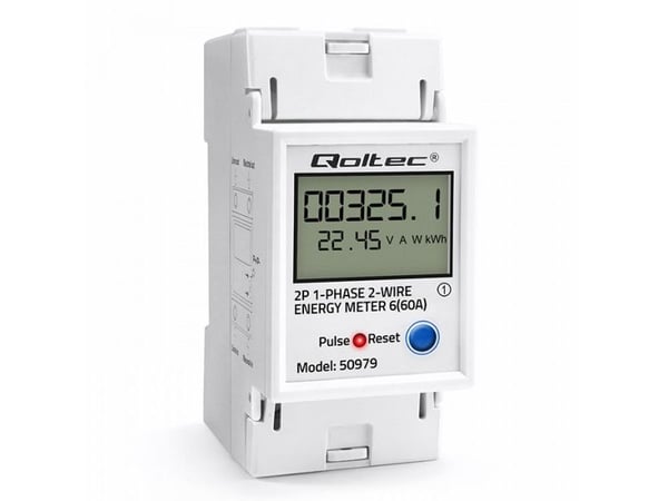 Qoltec yksivaiheinen elektroninen energiankulutusmittari DIN-kiskoon | RESET | jaksoittainen ja pysyvä laskuri | 230V | 60A | LCD | LED | 2p Qoltec yksivaiheinen elektroninen energiankulutusmittari DIN-kiskoon | RESET | jaksoittainen ja pysyvä laskuri | 230V | 60A | LCD | LED | 2p
