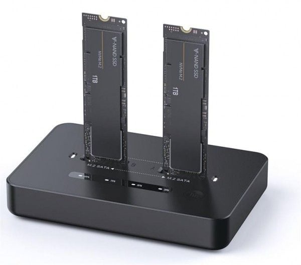 Gembird - SSD-dokkestasjon - brønner: 2 - M.2 - M.2 Card (PCIe NVMe & SATA) - USB-C 3.2 (Gen 2x2) - svart