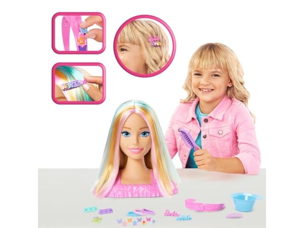 Barbie Doll Styling Head, blondt hår med mer enn 20 hårstylingtilbehør, Sminke/styling dukkehode, Hunkjønn, 3 år, Jente, 266 mm, 1,2 kg