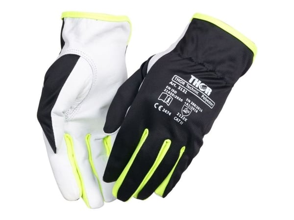 Gedeskindshandske, THOR Teknik Polyester, 9, sort, gedeskind/polyester - (12 stk.)