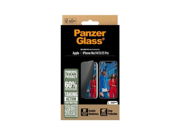 PanzerGlass Privacy Ultra-Wide Fit Displaybeskyttelsesglas Apple iPhone 13, iPhone 13 Pro, iPhone 14, iPhone 16e 1 stk antibakteriel, Anti-Fingerpr...