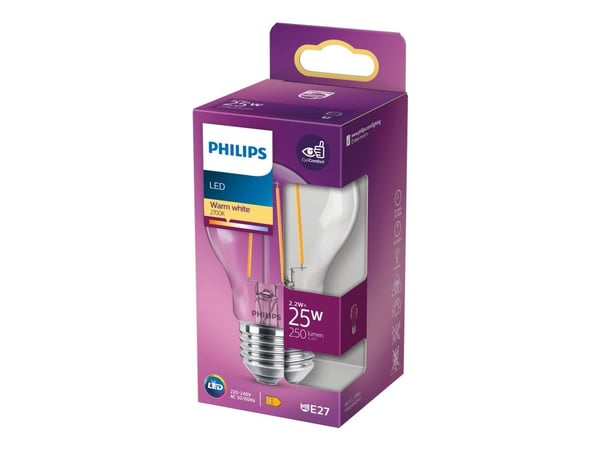 Philips - LED-lyspære - klar finish - E27 - 2.2 W (ekvivalent 25 W) - klasse E - varmt hvitt lys - 2700 K