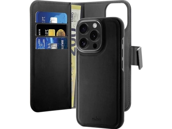 PURO - Lommebok for mobiltelefon - detachable , 2-in-1 - polykarbonat (PC), termoplast-polyuretan (TPU), leatherette - svart - for Apple iPhone 16 ...
