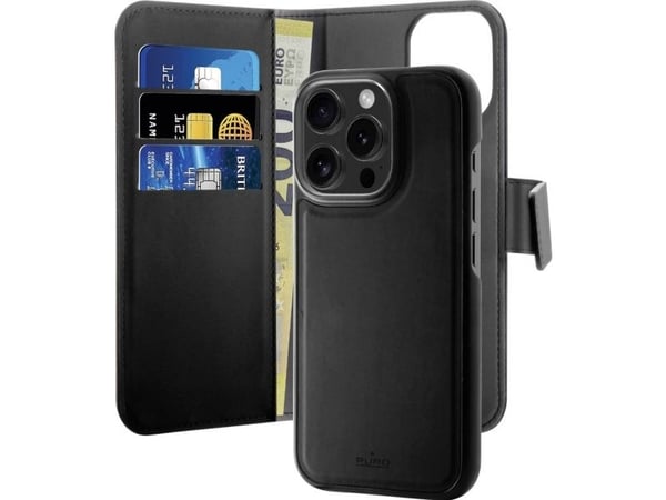 PURO - Lommebok for mobiltelefon - detachable , 2-in-1 - polykarbonat (PC), termoplast-polyuretan (TPU), leatherette - svart - for Apple iPhone 16 Pro